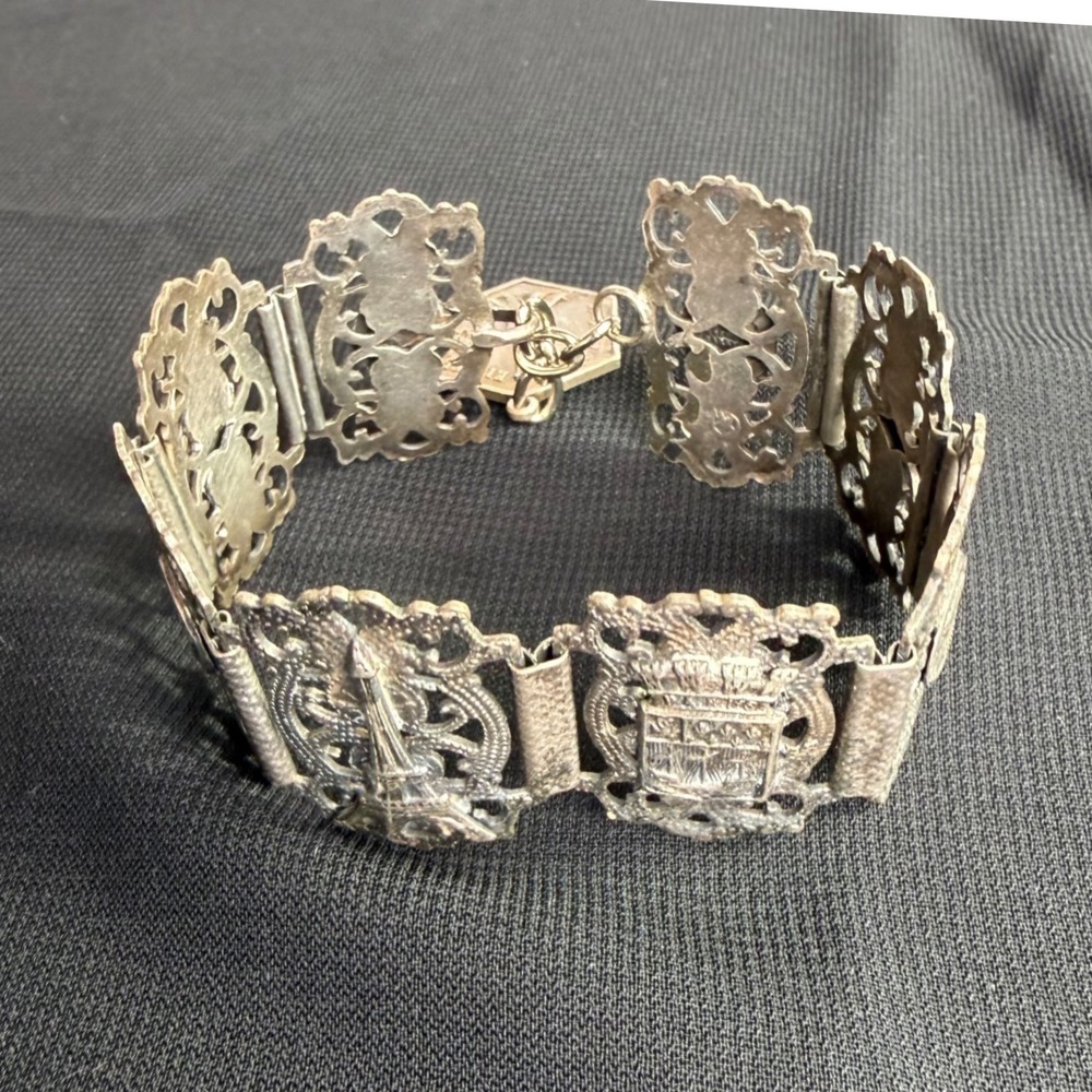 Vintage Paris France Souvenir Panel Bracelet Eiffel Tower Notre Dame Silver Tone